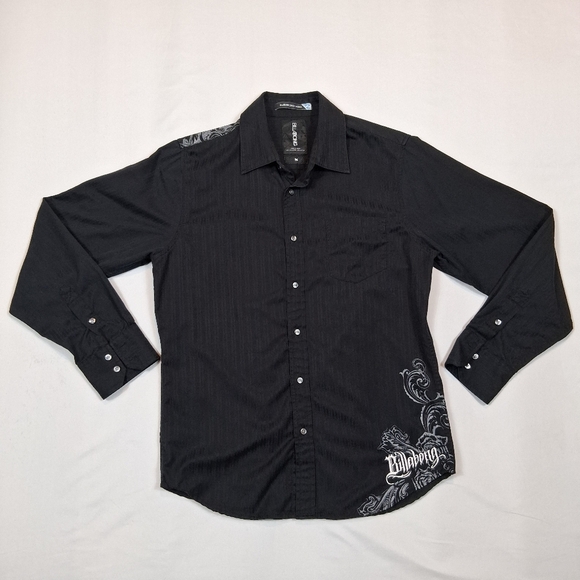 Vtg Y2k Billabong Skull Graphic Print Front & Back  Dress Shirt Mens Med Grunge - Picture 1 of 9
